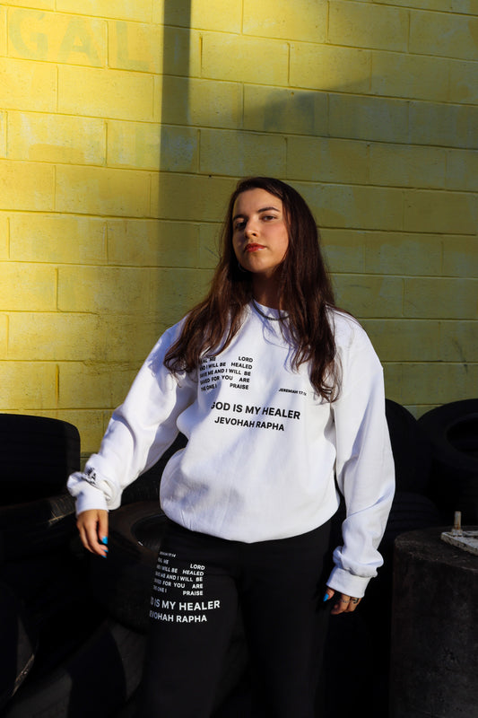 HEAL ME SWEATSHIRT WHITE W/ BLACK