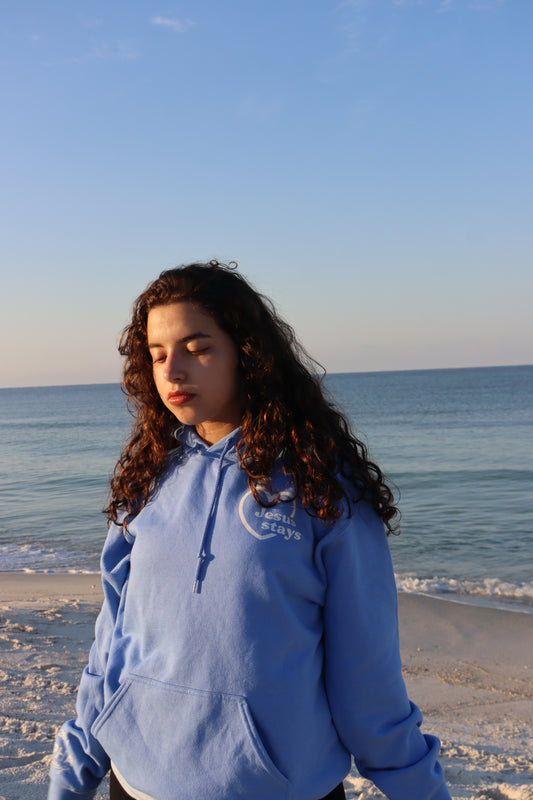 JESUS STAYS HOODIE CAROLINA BLUE W/ WHITE