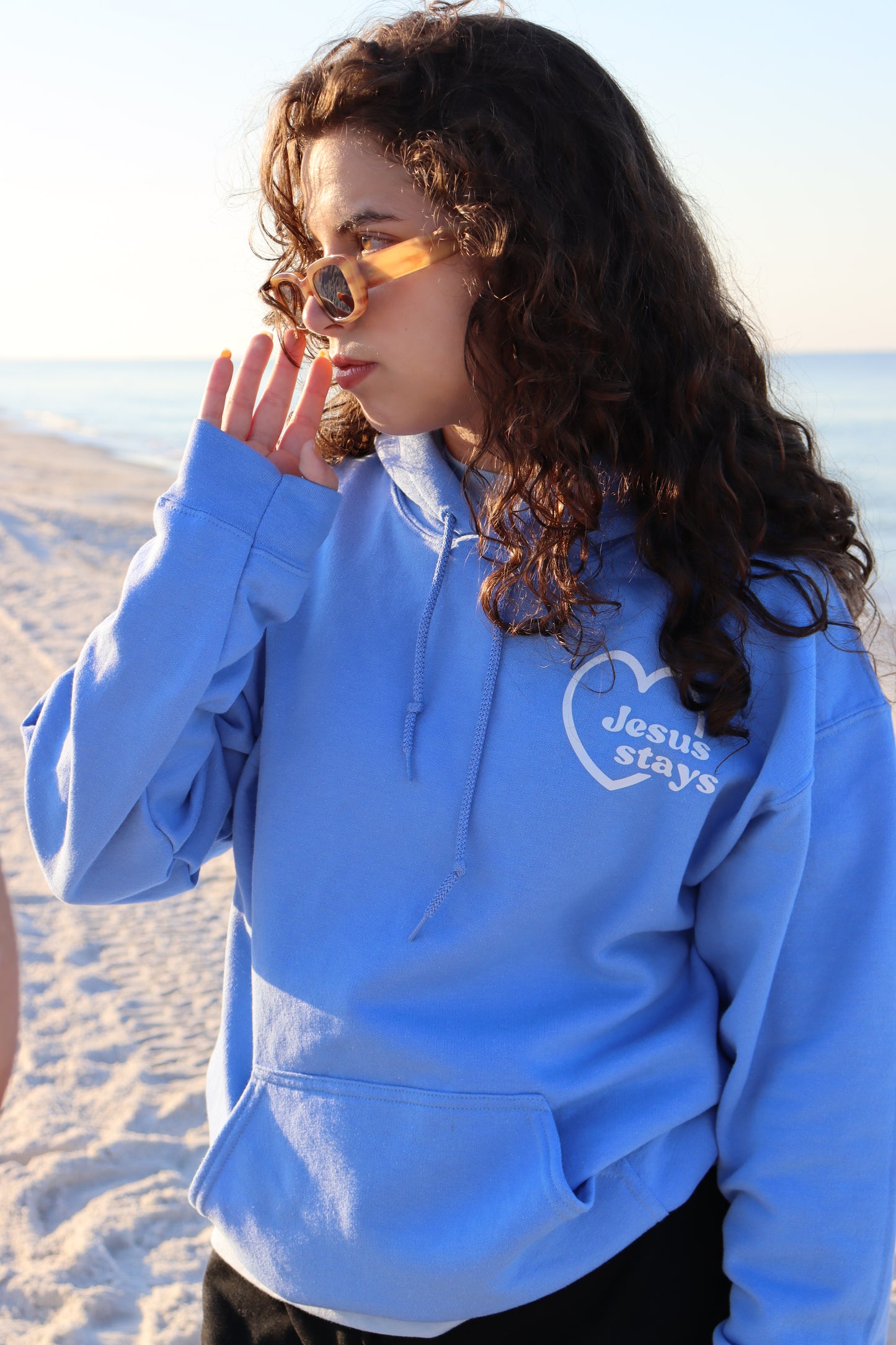 JESUS STAYS HOODIE CAROLINA BLUE W/ WHITE
