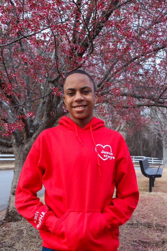 JESUS STAYS HOODIE RED W/ WHITE