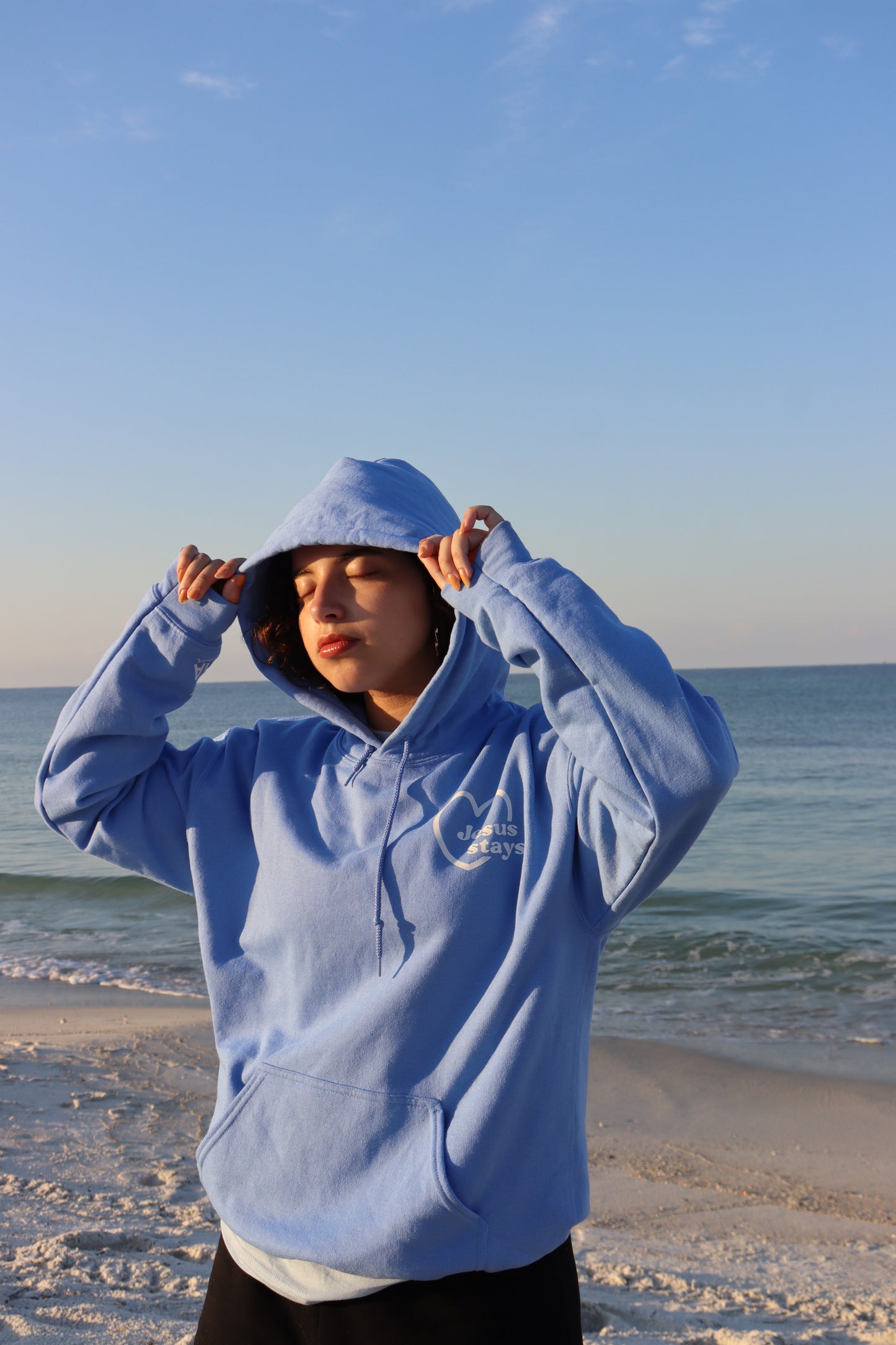 JESUS STAYS HOODIE CAROLINA BLUE W/ WHITE