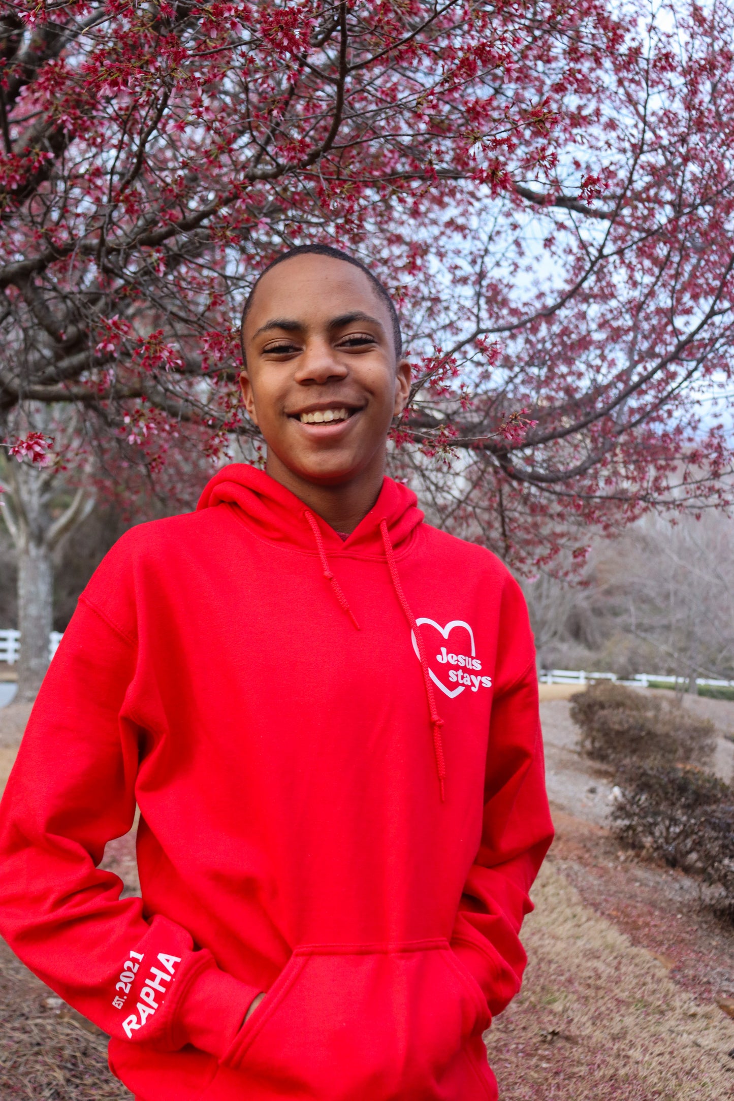 JESUS STAYS HOODIE RED W/ WHITE