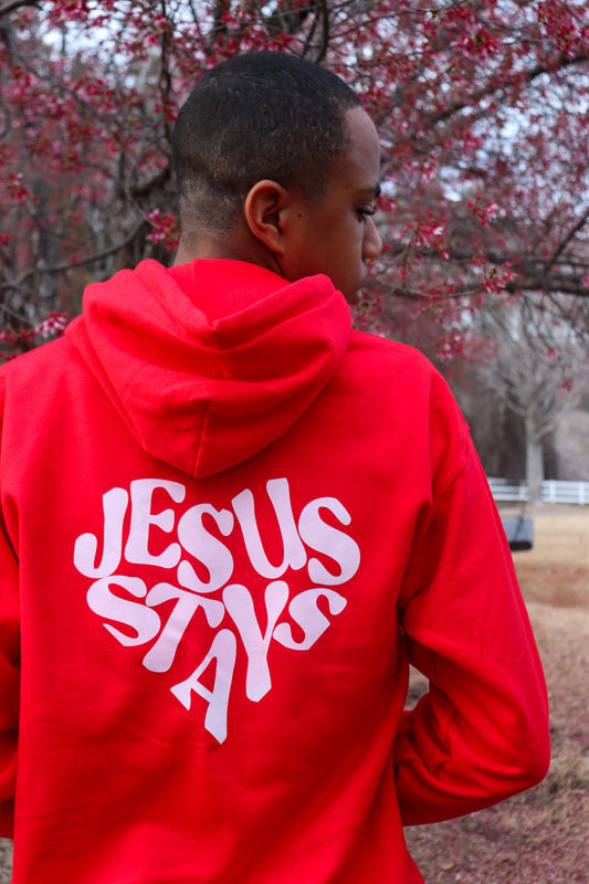 JESUS STAYS HOODIE RED W/ WHITE