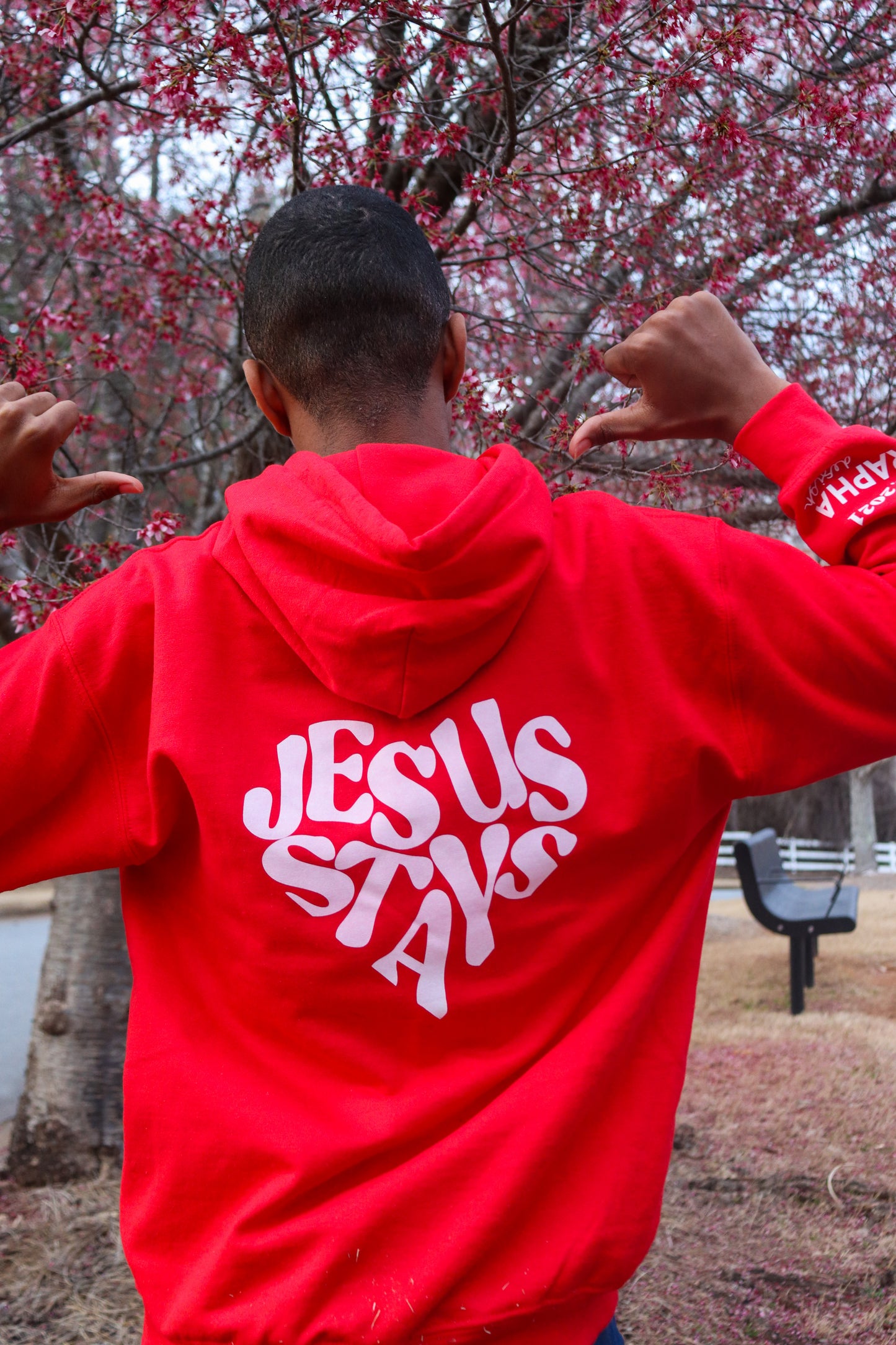 JESUS STAYS HOODIE RED W/ WHITE