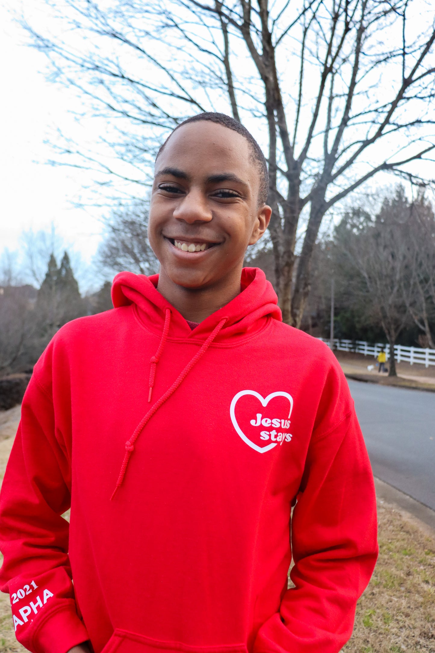 JESUS STAYS HOODIE RED W/ WHITE